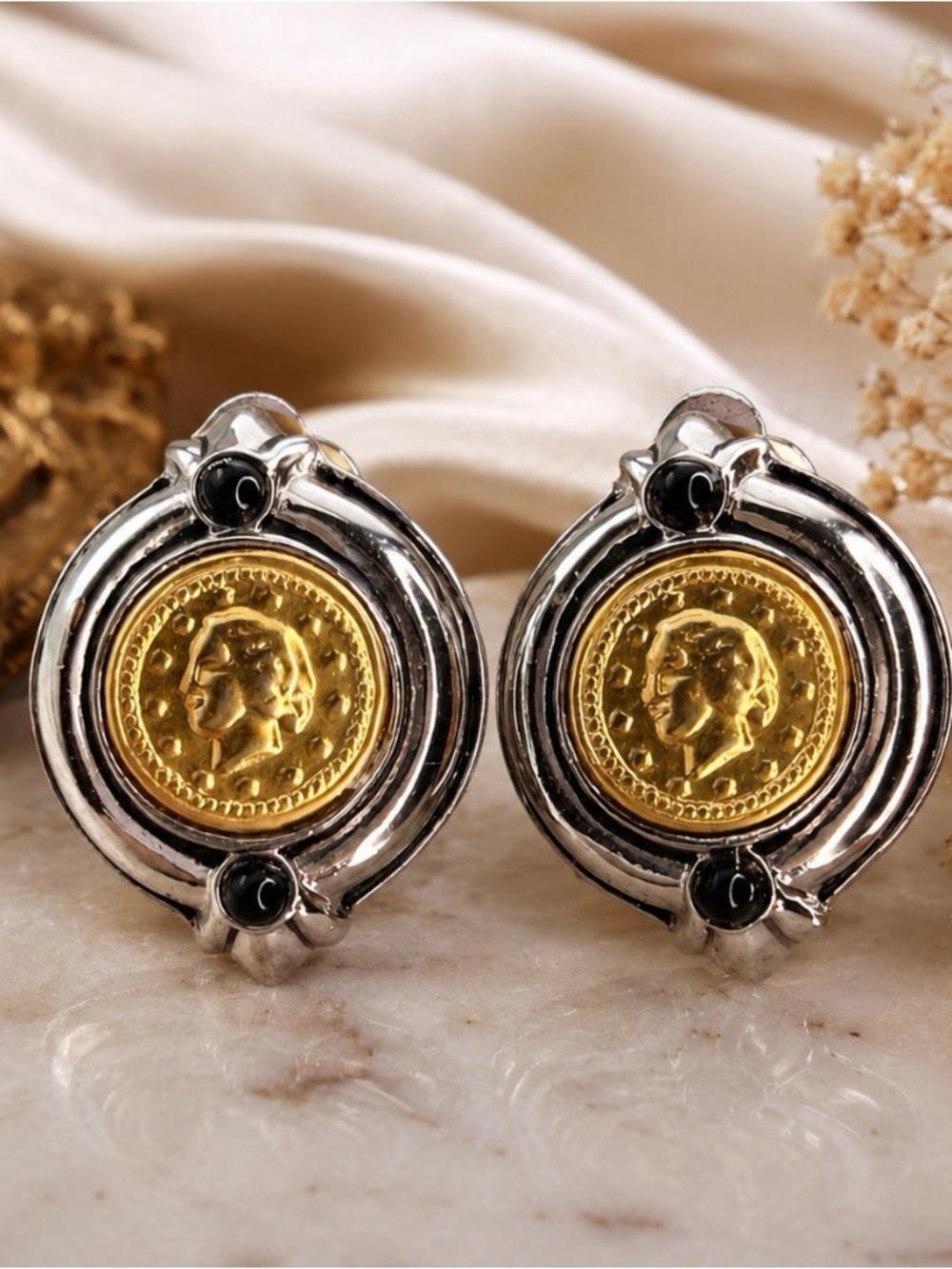 Vintage Two Tone Coin Clip-on Roman Goddess Black Cabochon Statement Earrings